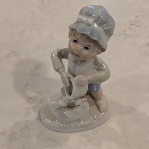 Vintage Boy With Watering Can And Goose 6" Porcelain Figurine